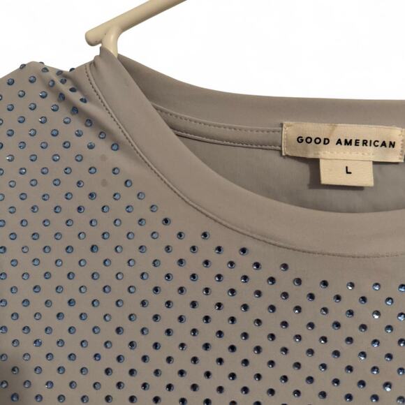 Good American sky blue crew-neck fitted stretchy rhinestone top size L - Picture 3 of 7